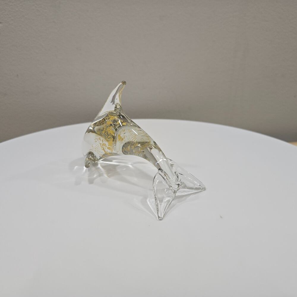 Artisan Created Art Glass Figurine Paperweight Dolphin Crystal Clear Gold Flecks